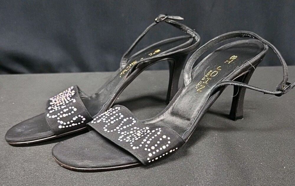 St. John Black Satin Irrina Crepe Strap Slingback Heels Shoes Sandals Size 8B